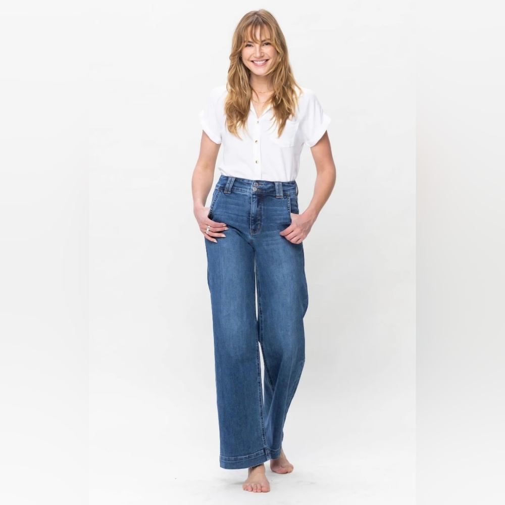 Judy Blue HR Classic Dark Wash Double Button Wide Leg Jeans Stretch 13/31 NEW
